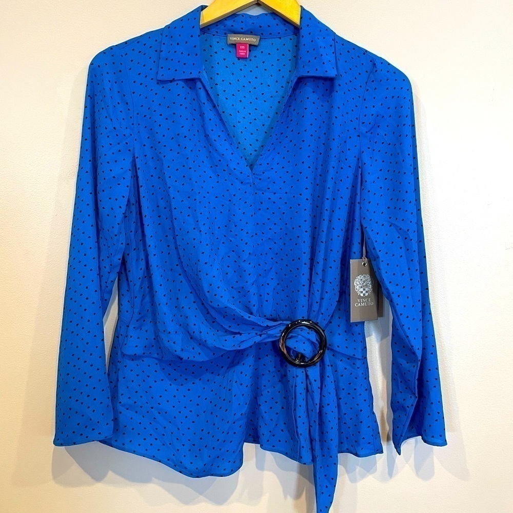Vince Camuto Blue w/ Black Dots Ditsy Fragments Long Sleeve Belted Top Size XXS - Picture 3 of 9